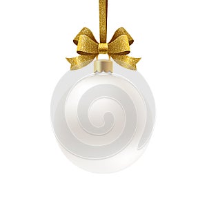 Holiday white bauble with glitter gold bow ribbon isolated on white background. Christmas ball. Christmas decoration.